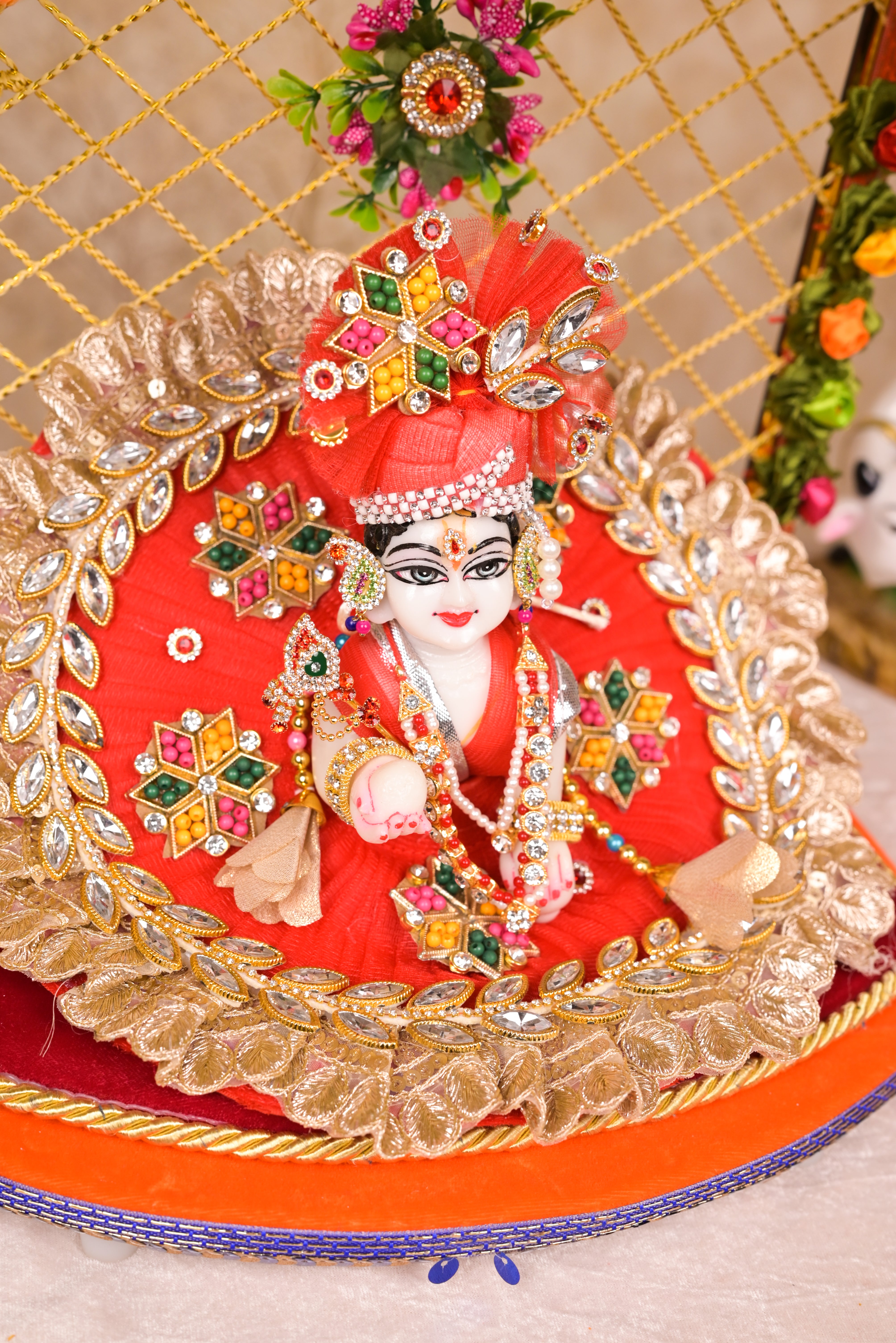Red Kundan Net Laddu Gopal Poshak with Pearl Patka